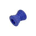 Blue natural rubber treat dispensing dog bone toy with double-sided food leakage holes on white background