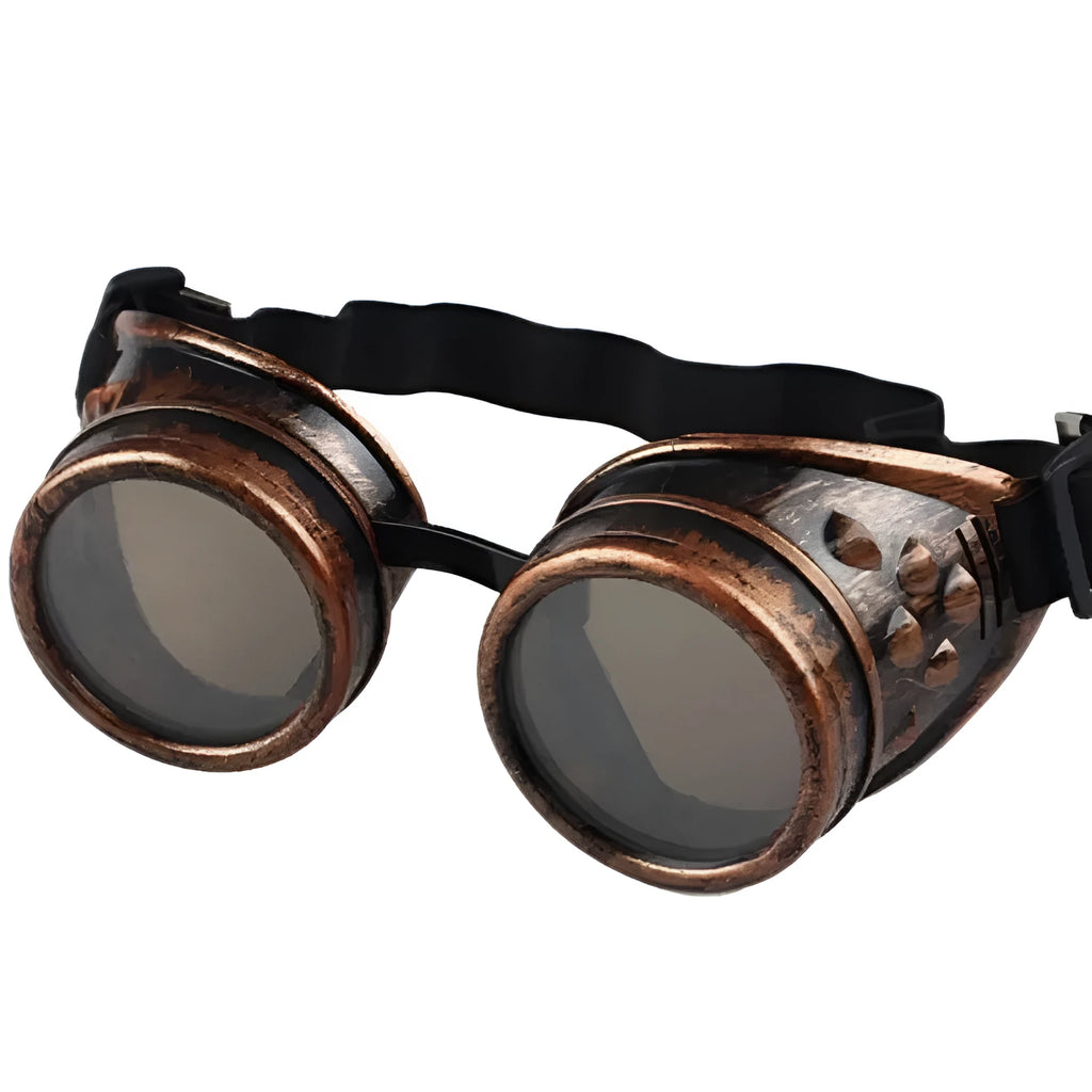 Adult plastic steampunk welding style sunglasses in black, brass, copper, and silver colours
