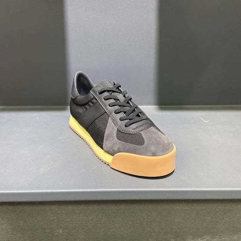 Men's genuine leather mesh sports shoes in black with cow suede upper and herringbone toe design