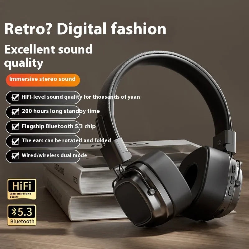 Retro wireless Bluetooth 5.3 head-mounted dynamic bass boost headset in silver brown colour