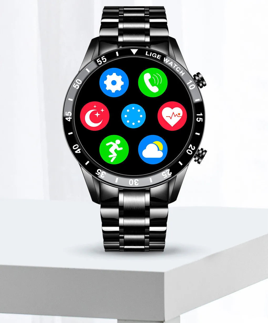 Smart watch with stainless steel wristband and 1.3-inch touch screen display showing step count