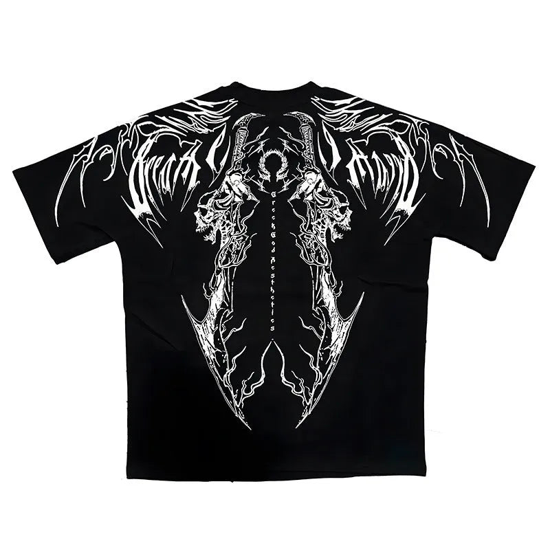 Loose fit dark coloured cotton T-shirt with short sleeves and gilding decorative detail.