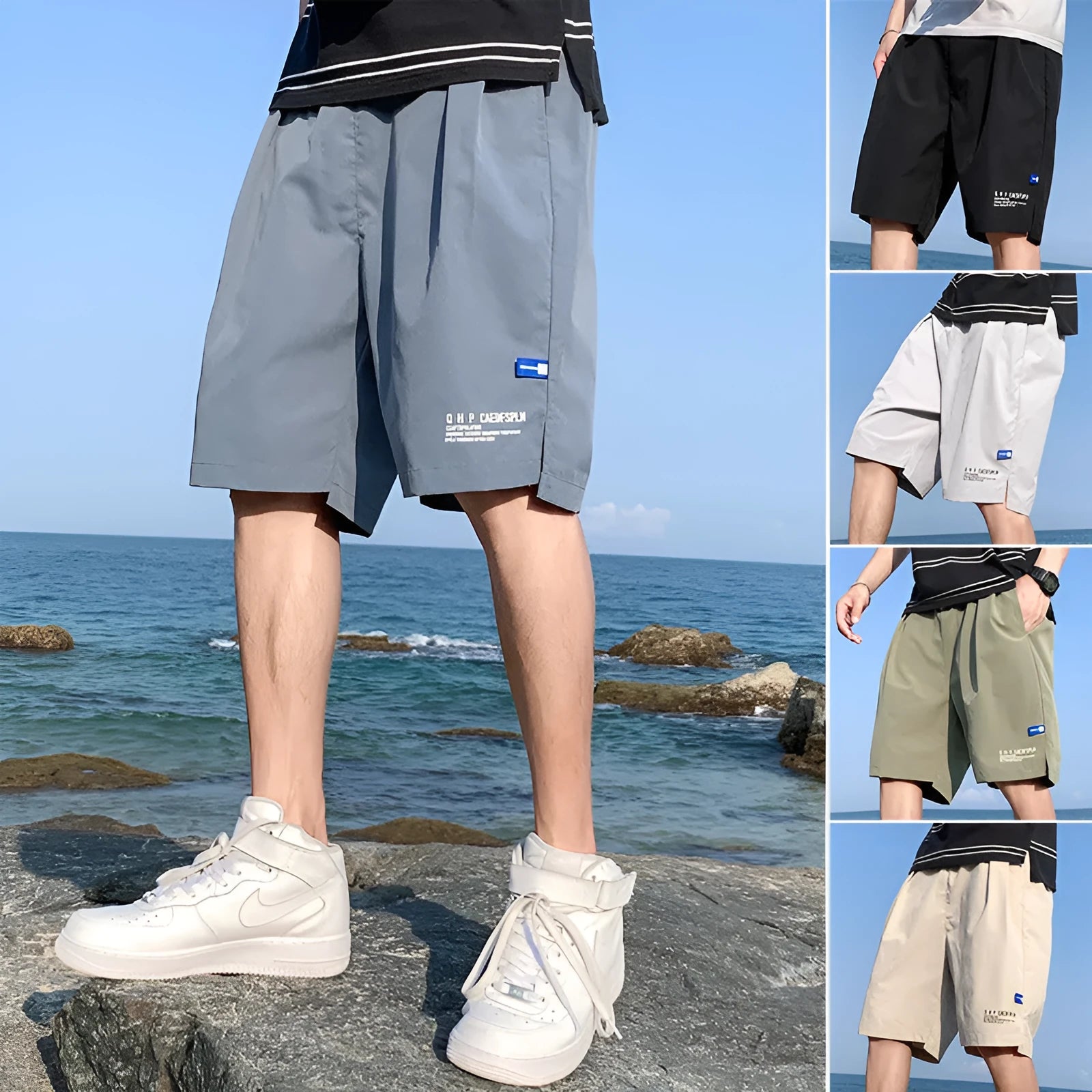 Men's ice silk quick-drying shorts in solid colour with straight tube cut and front tie closure