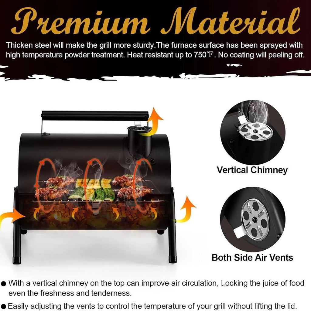 Small black folding desktop charcoal barbecue grill with a metal grill.