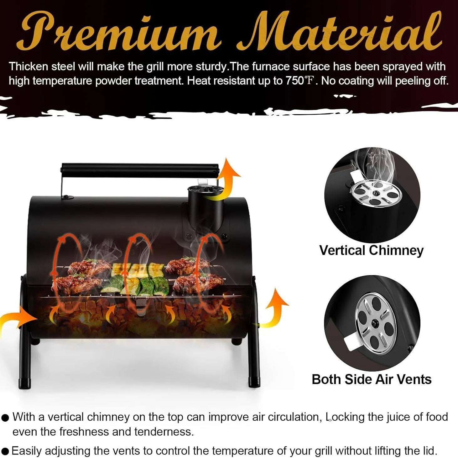 Small black folding desktop charcoal barbecue grill with a metal grill.