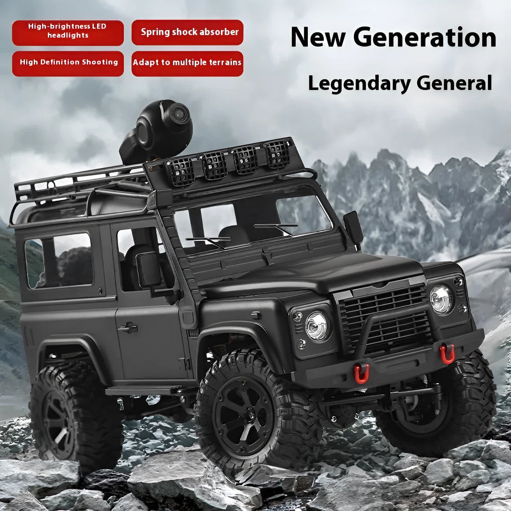 Four-wheel drive off-road RC car with controllable headlight and camera in black plastic