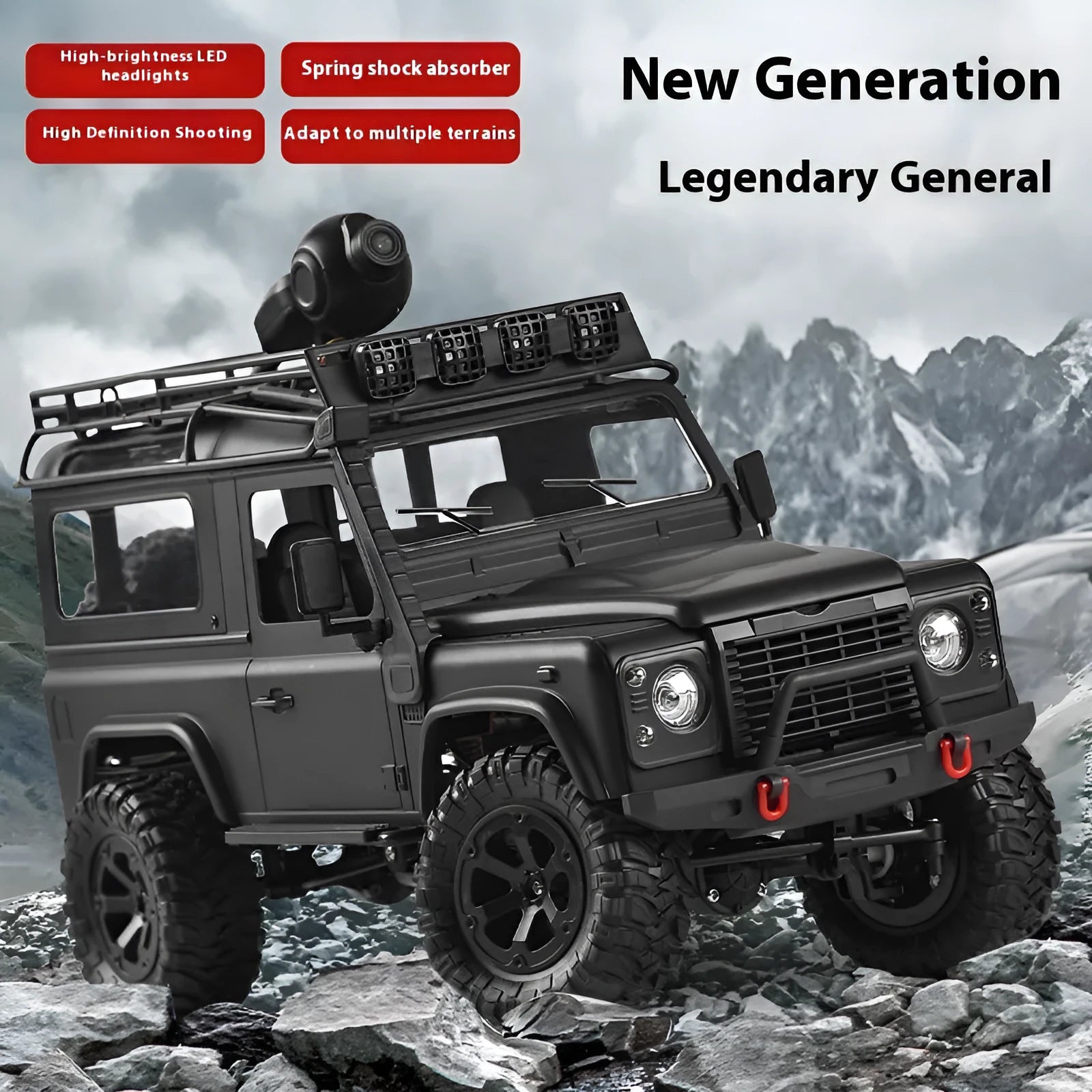 Four-wheel drive off-road RC car with controllable headlight and camera in black plastic
