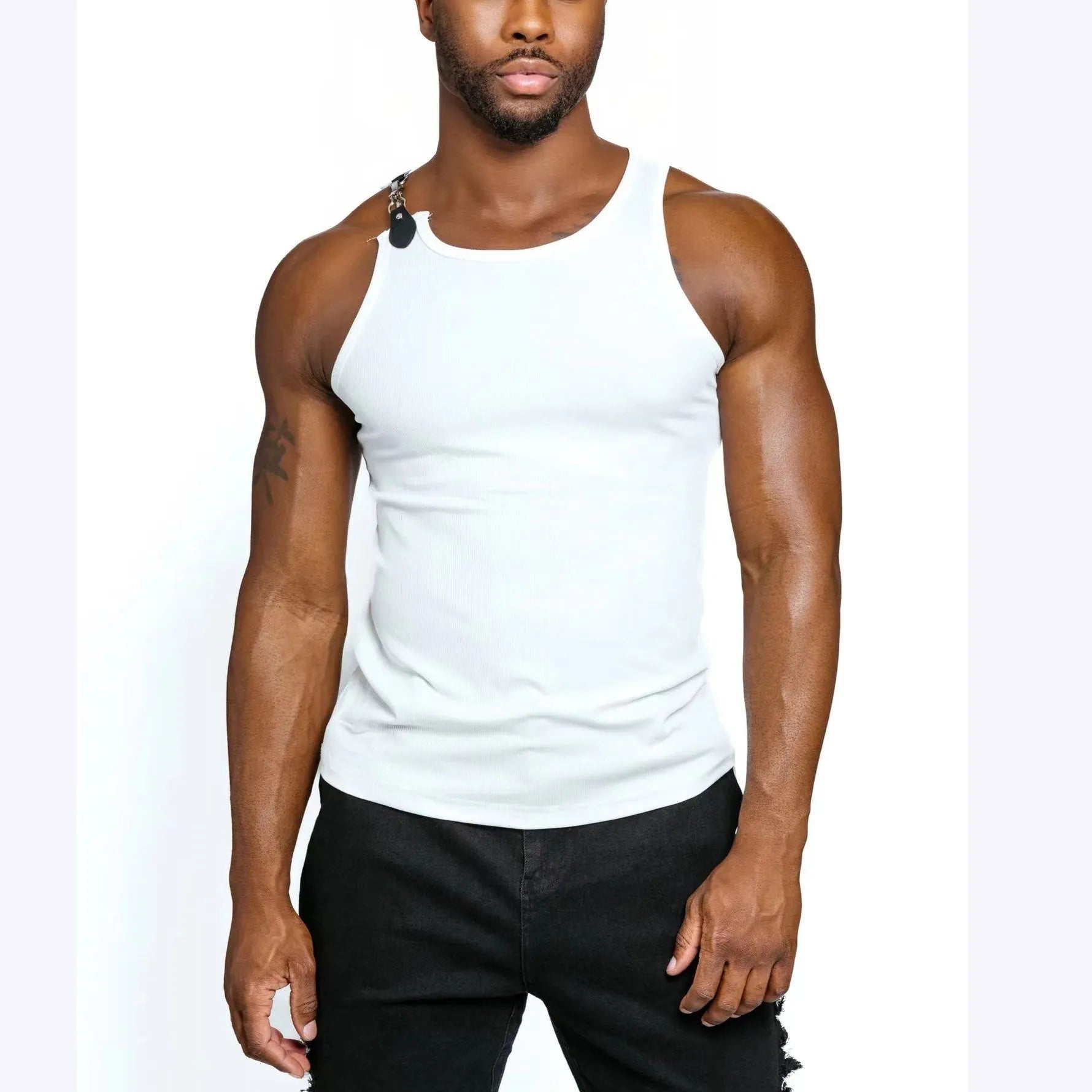 Sleeveless cotton blend vest in black and white colours showing tight-fitting design