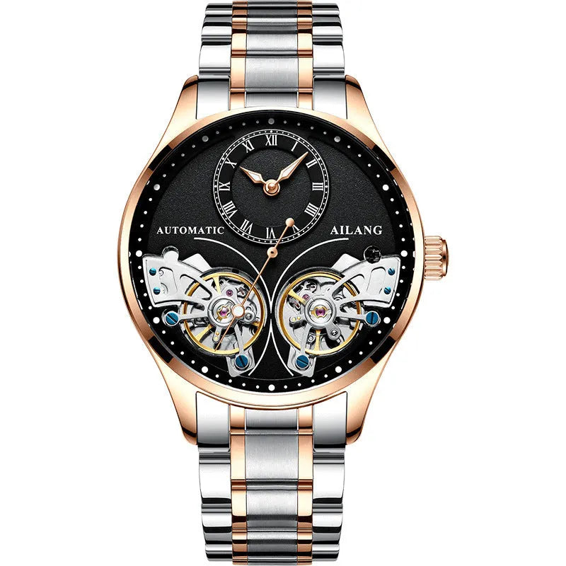 Automatic men's wristwatch with titanium case, round black dial showing tourbillon and moon phase.