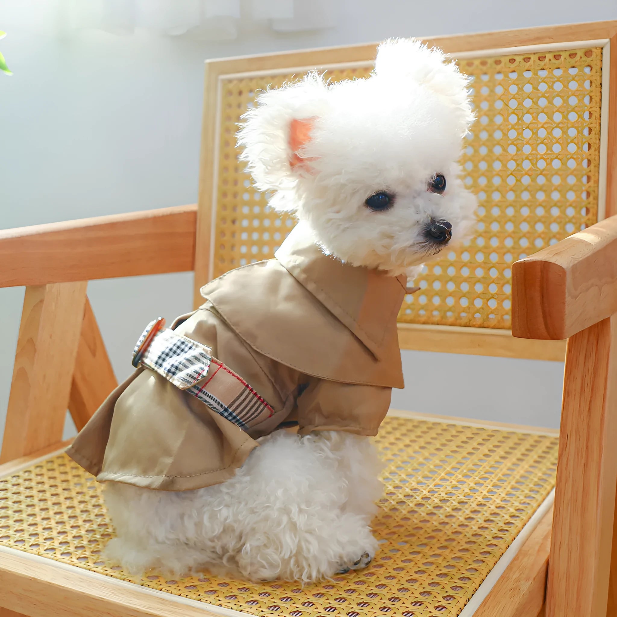 Khaki polyester trench coat for dogs on a neutral background showcasing front view and button closure