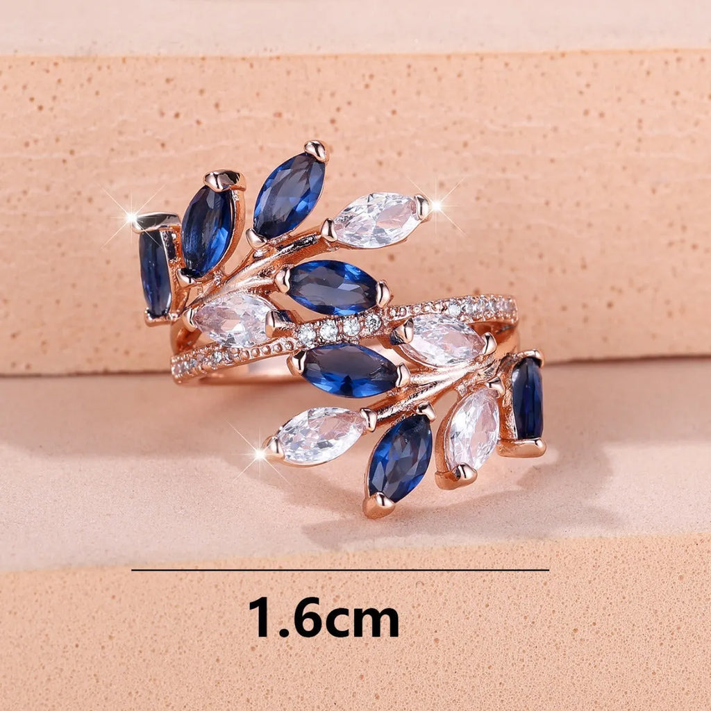 Adjustable horse eye zircon leaf fashion ring in rose gold and platinum plating options
