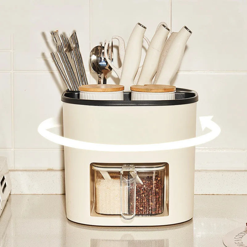 Rotating kitchen storage organiser with spice box compartments on countertop
