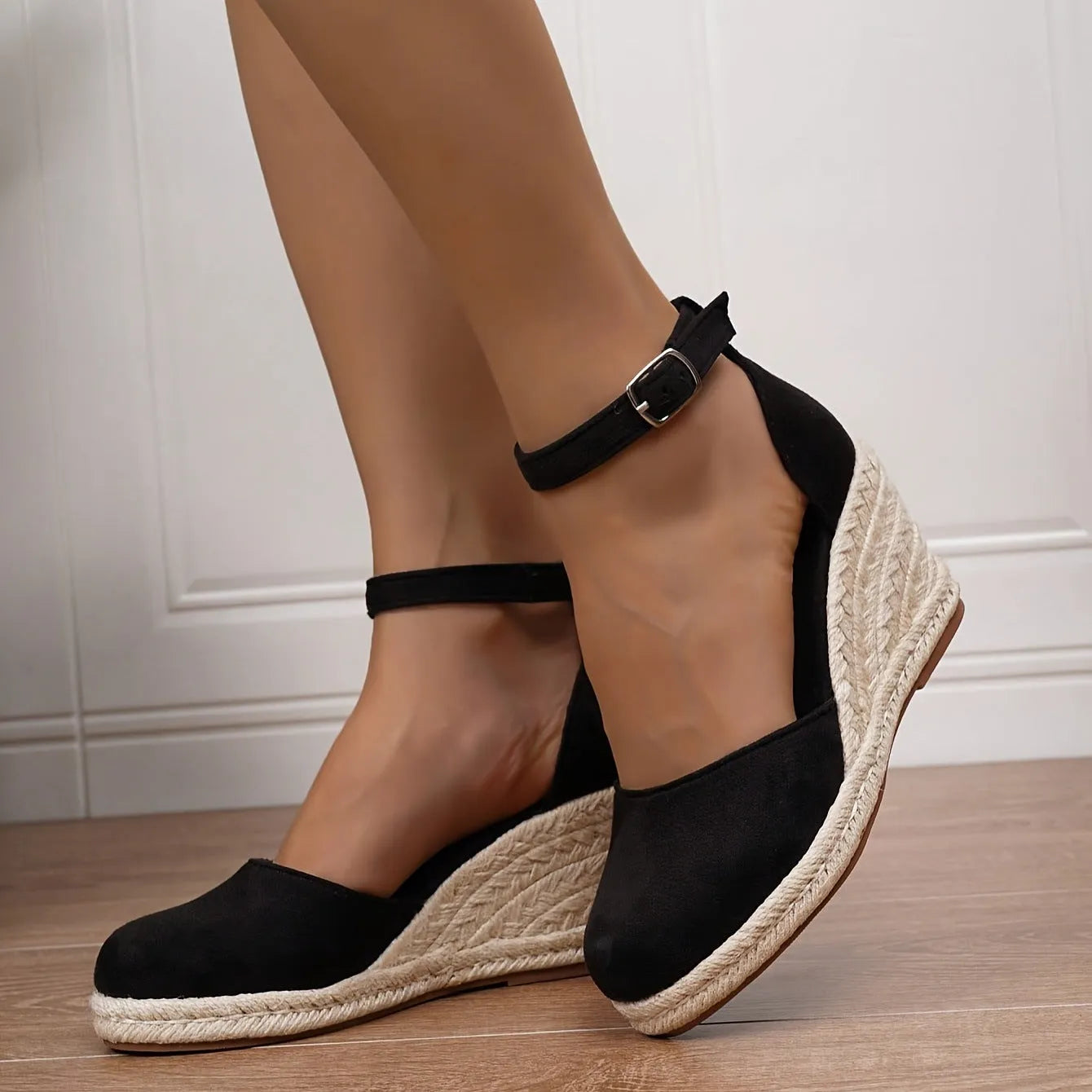 Women's apricot suede and canvas wedge sandals with round toe and buckle