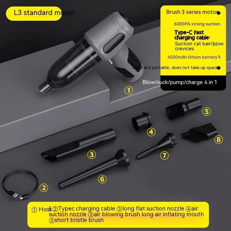 Black cordless handheld car vacuum cleaner with attached brush nozzle and charging cable.