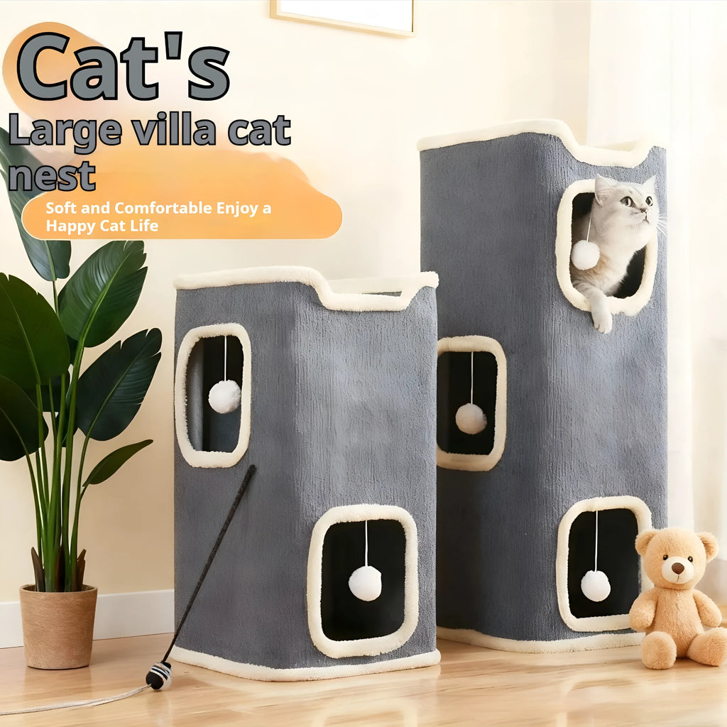 MDF cat climbing frame with scratching post and semi-enclosed square tree hole bed, simple style