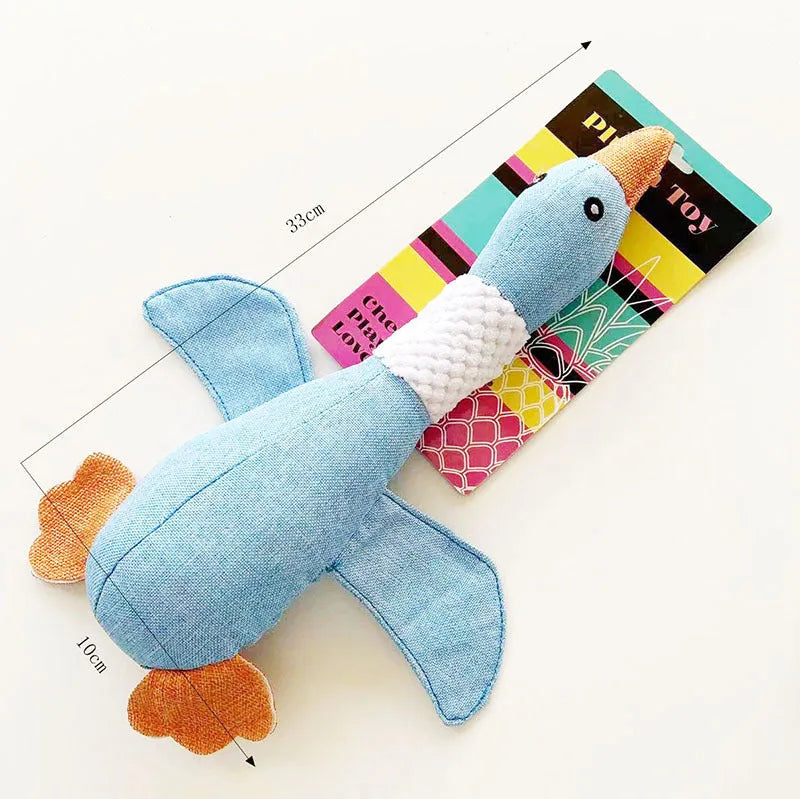 Blue duck-shaped dog plush toy with squeakers for large breed puppies