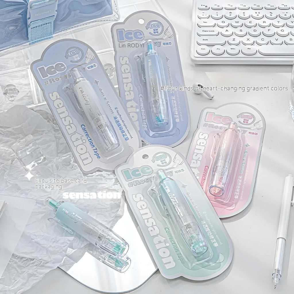 Press correction tape in white colour showing applicator and tape head, compact 5x6cm size