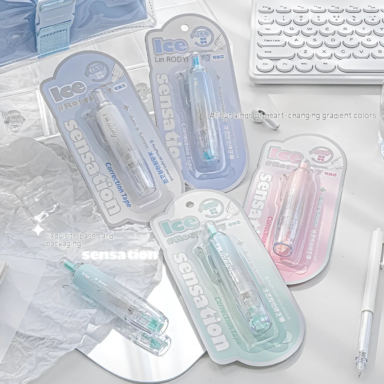 Press correction tape in white colour showing applicator and tape head, compact 5x6cm size