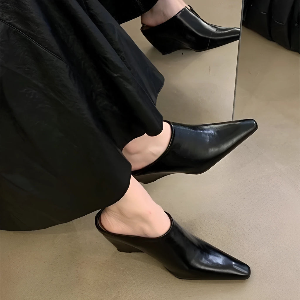Women's Wind Wedge closed toe half slippers in PU with wedge sole, shown in black, brown, and off white colour options