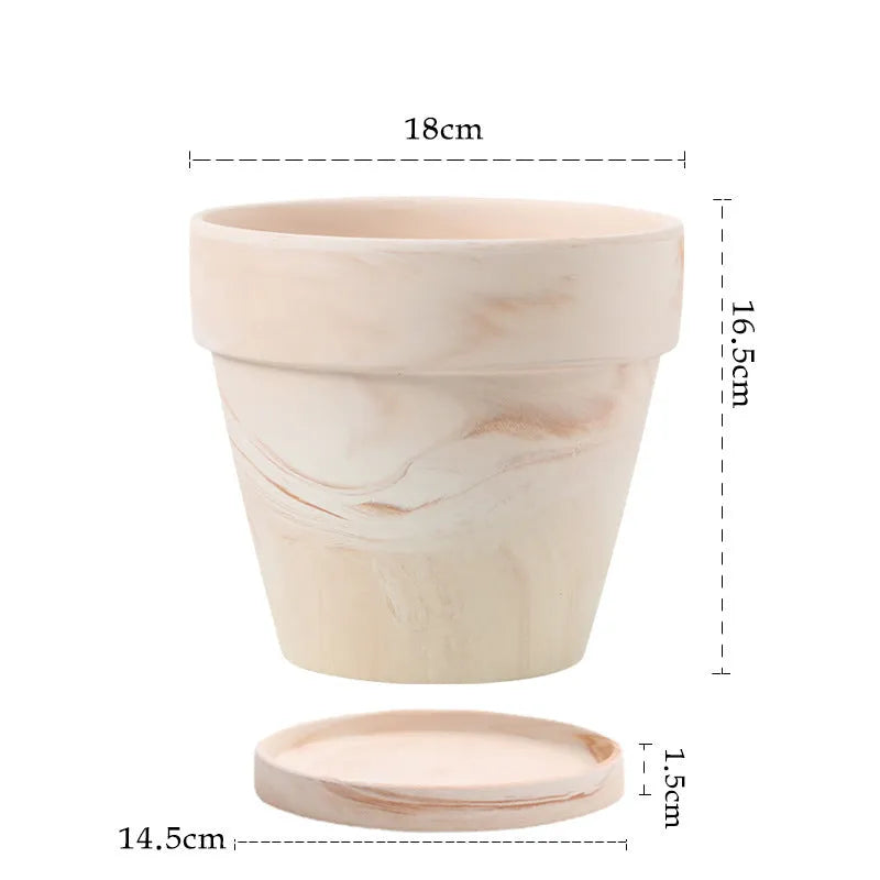 Gradient macchiato red and white pottery flowerpot on desktop with green plant, sizes 10cm to 30cm