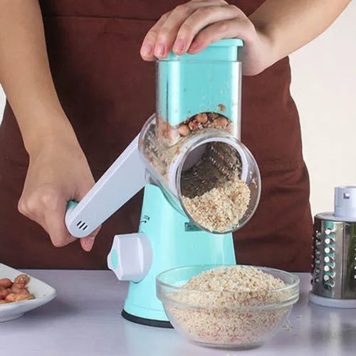 Manual round kitchen mandoline slicer with stainless steel blades in blue colour