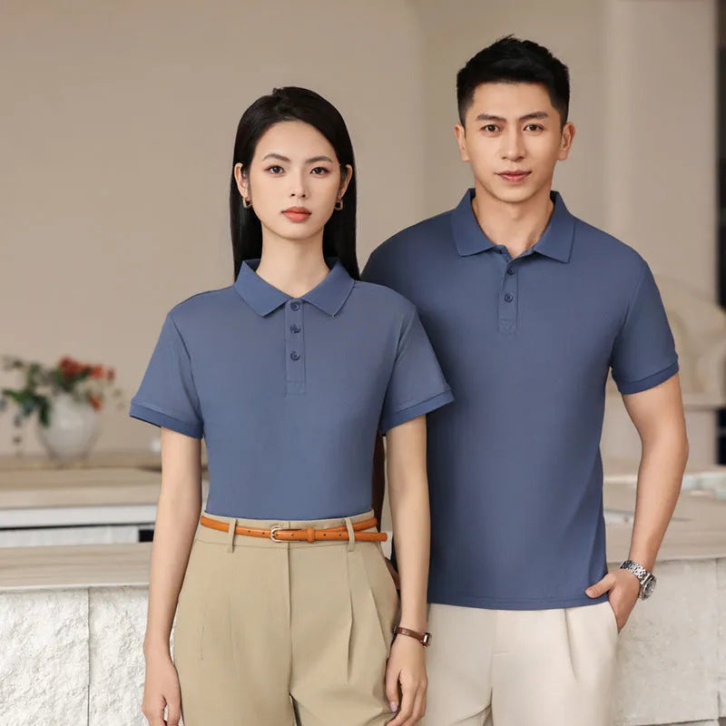 Long-staple cotton summer polo shirt for staff uniforms in multiple colours on a size chart.