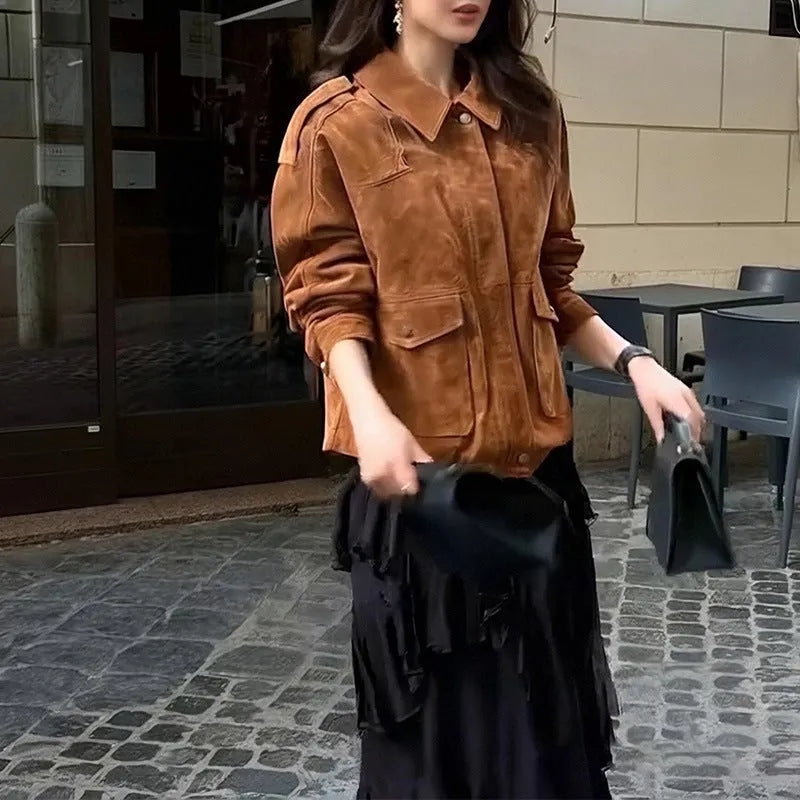Women's regular sleeve suede coat in bright brown and brown colours showing polyester construction