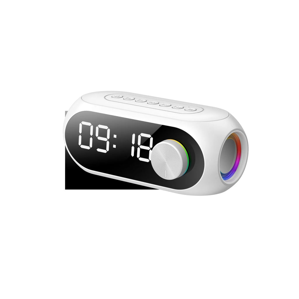 Portable mini clock radio speaker with extra bass in S8 Black, White and Blue colour options