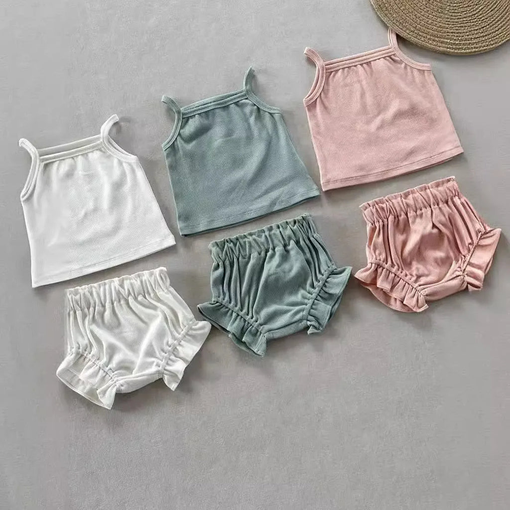 Thin rib cotton two-piece home wear set with sleeveless top and shorts in Rose colour for children 59cm to 100cm height