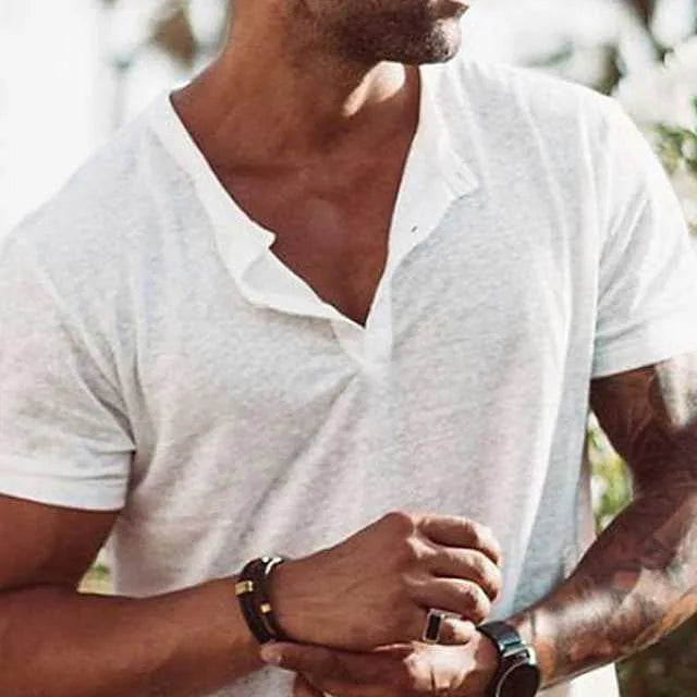 Casual short sleeve top with standing collar in white polyester, available in various sizes