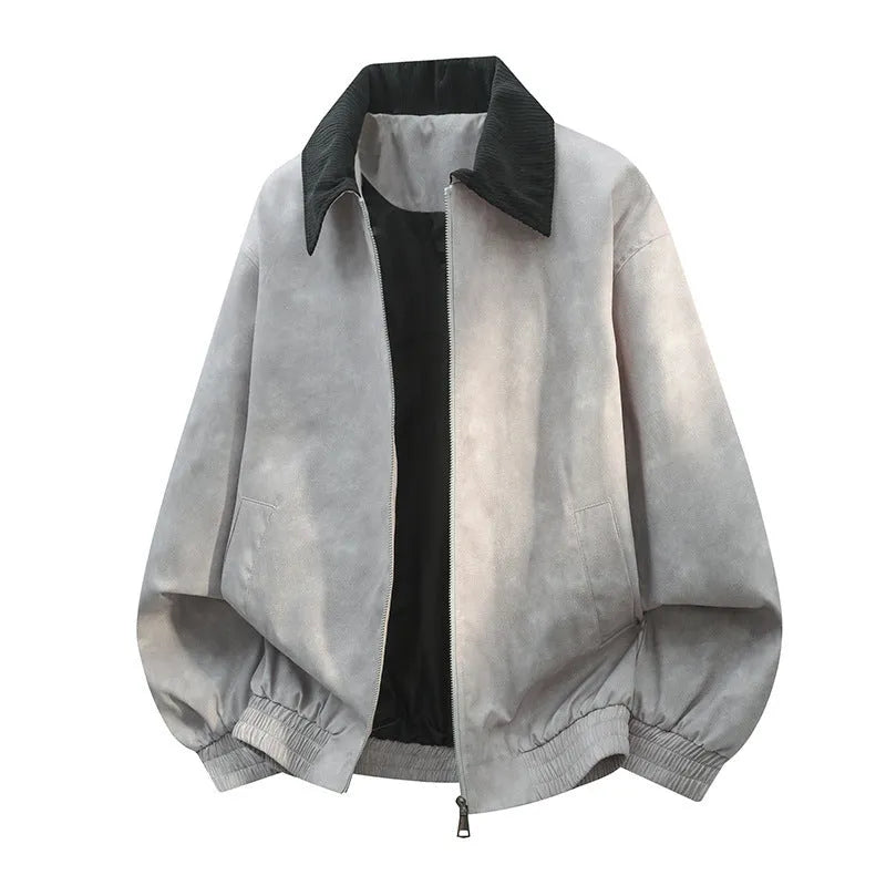Men's stitching lapel casual jacket in Lycra fabric showing side seam pockets and straight hem design