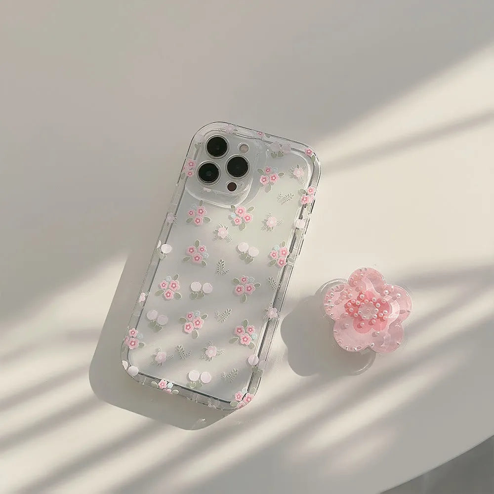 Crushed Flower Flowing Sand Stand Phone Case Transparent TPU 1.5mm Soft Hard Moderate Camera Hole Precise Key Position 3D Stereo Keys Hanging Rope Hole Compatible Apple iPhone 15 14 13 12 Pro Max Plus