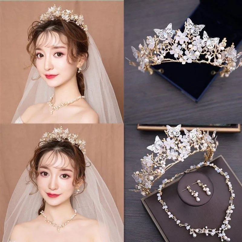Bride wedding dress crown three-piece headdress set super fairy series with crystal details and matching necklace earrings