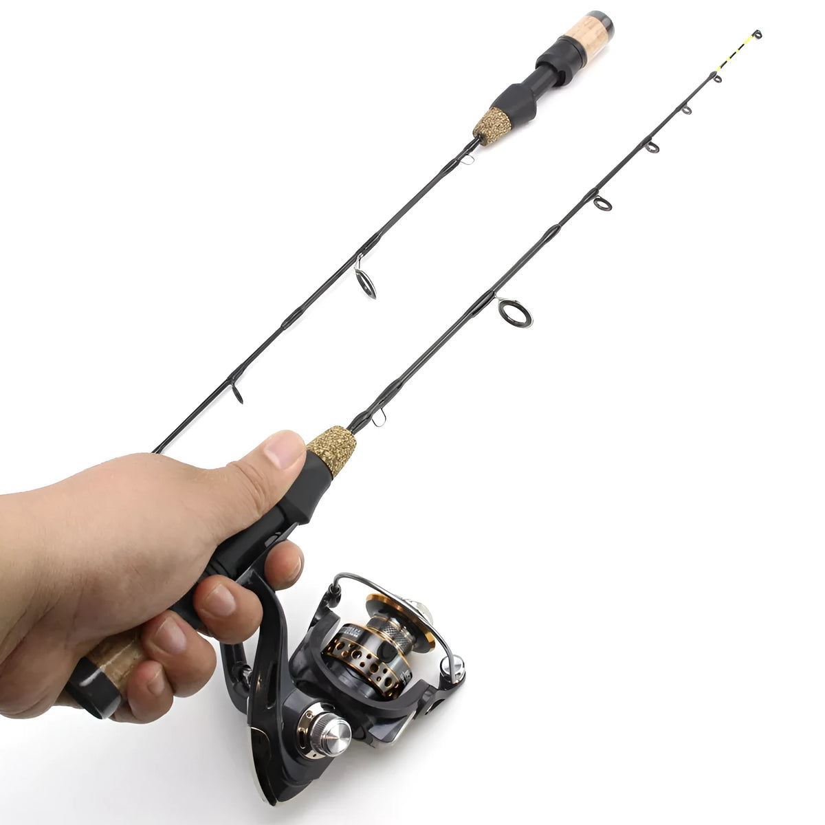 Double tip ice fishing rod with spinning wheel, 60cm length, 2 sections, hard action, single pole colour