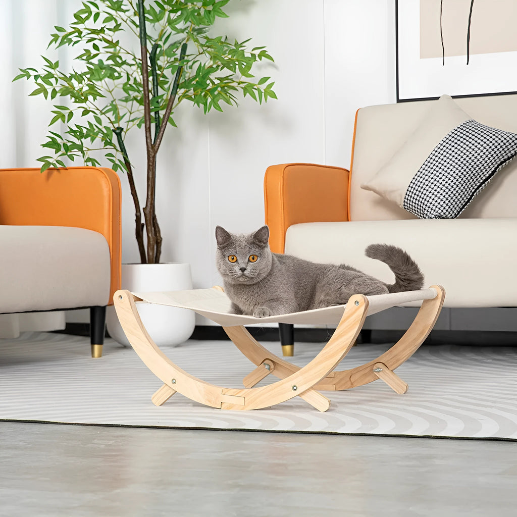 Solid wood foldable cat hammock bed with canvas plush sleeping surface measuring 55cm