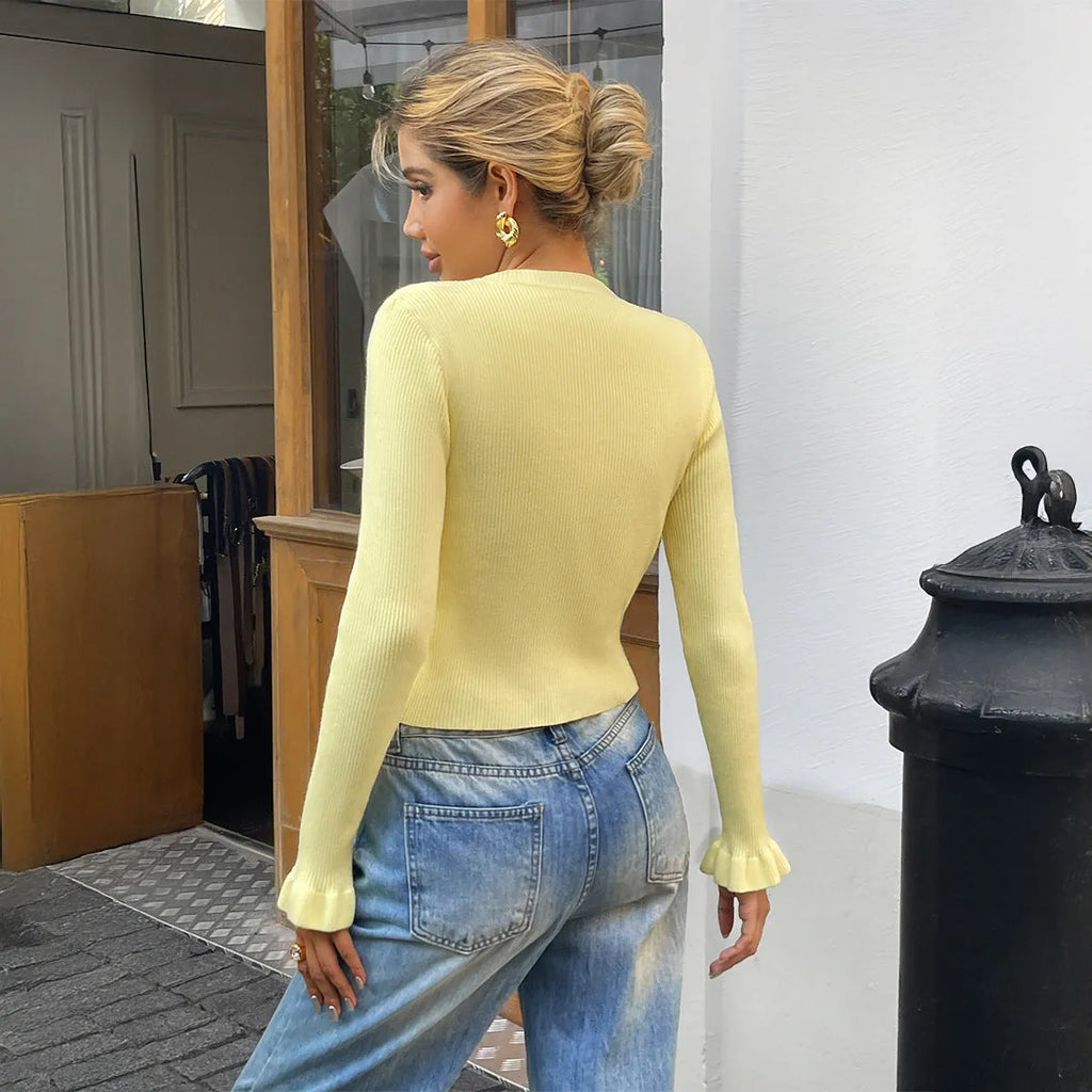 Women's yellow button cardigan T-shirt jacket sweater long sleeve viscose top