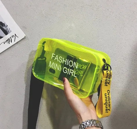 Transparent square women's shoulder bag with adjustable strap in multiple colour options showing internal mobile phone pocket