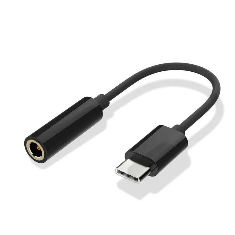 Type-C to 3.5mm audio adapter cable with 10cm length and 99% oxygen-free copper wire in black