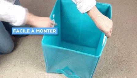 Folding detachable padded storage basket in blue with clear front panel on a wire shelf