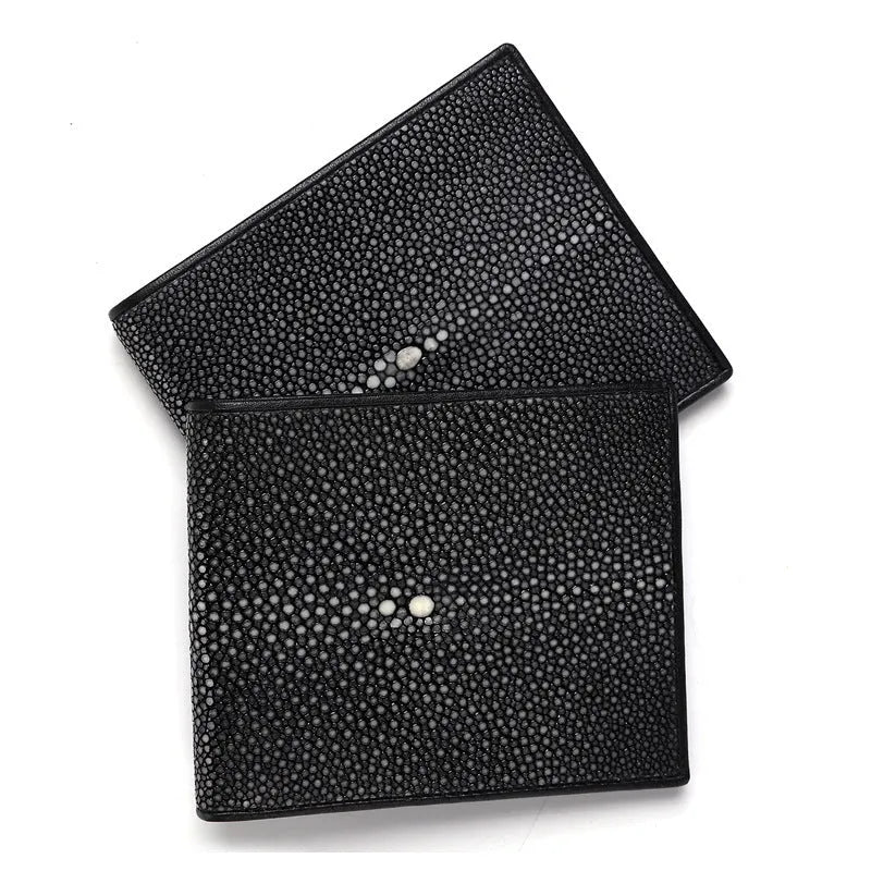 Short pearl fishskin grinding beads wallet with cowhide leather in horizontal square design