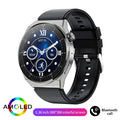 Black silicone strap smartwatch with silver case showing touch screen displaying health metrics