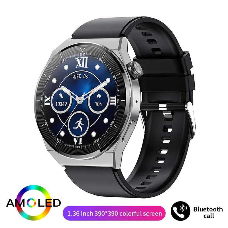 Black silicone strap smartwatch with silver case showing touch screen displaying health metrics