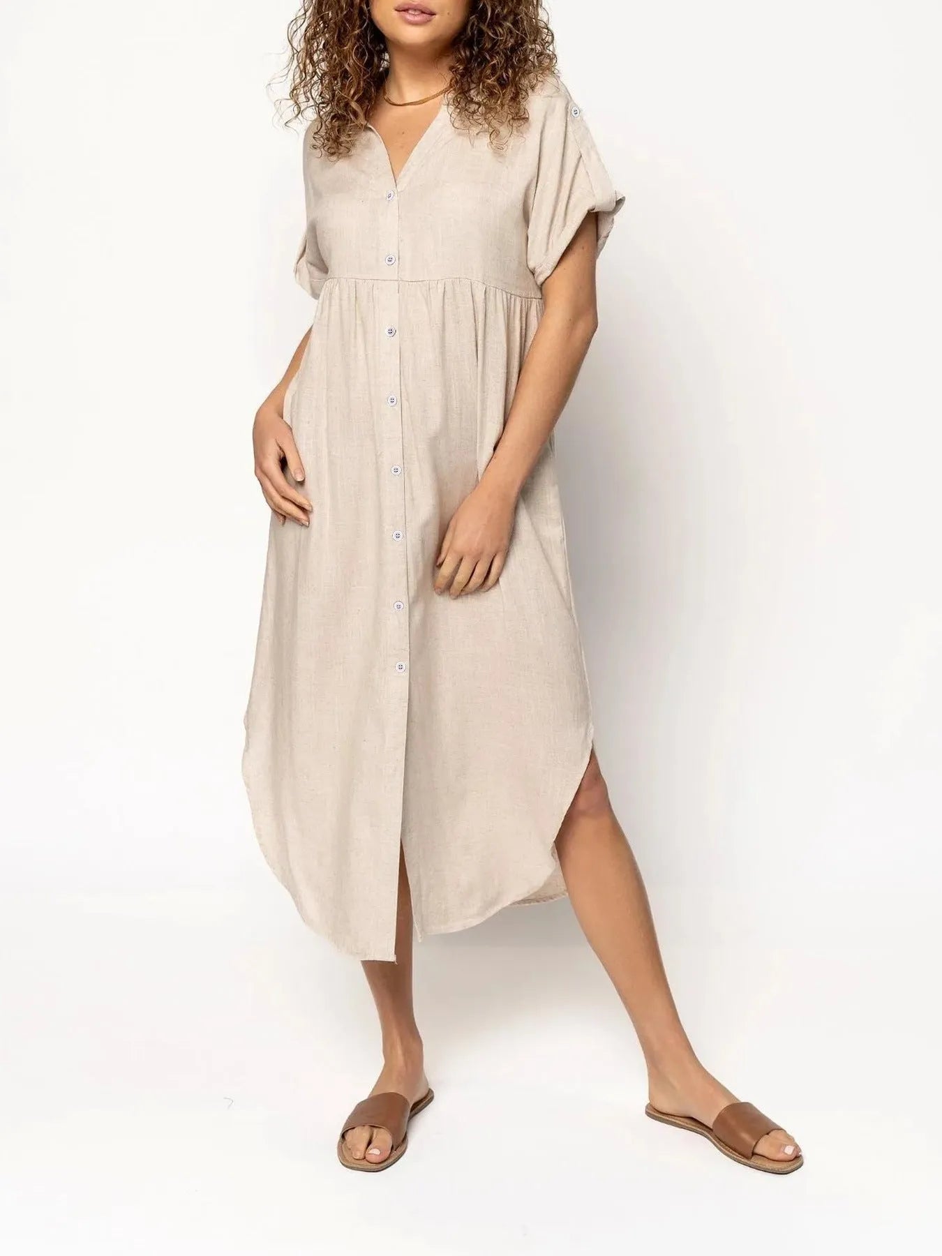 Mid-length casual dress with button front in solid colour, Japanese Korean style with regular sleeves