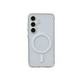 Clear magnetic silicone phone case on a Samsung smartphone showing transparent design and all-inclusive coverage.