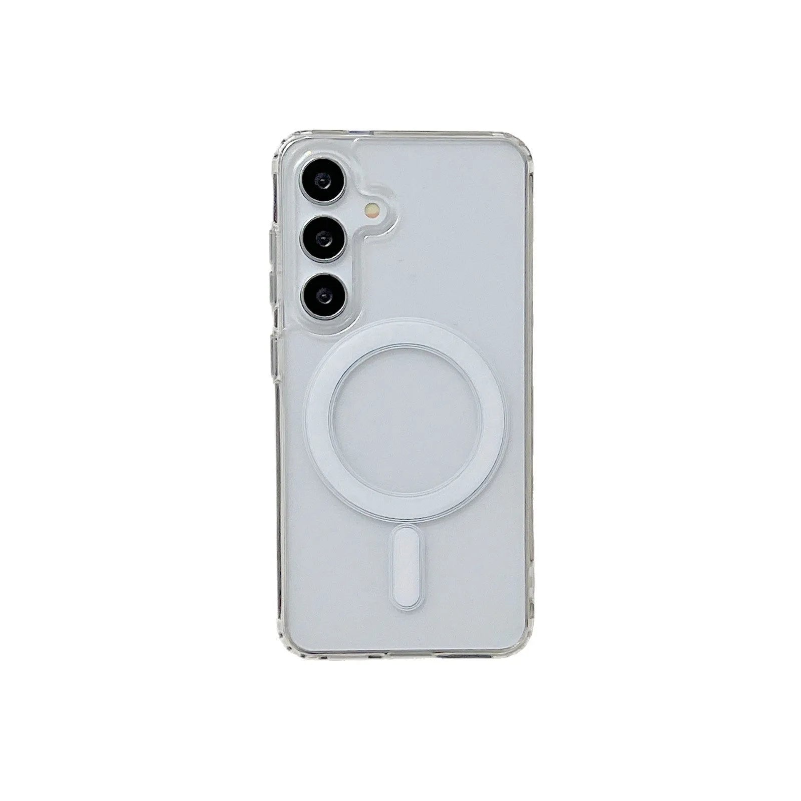 Clear magnetic silicone phone case on a Samsung smartphone showing transparent design and all-inclusive coverage.