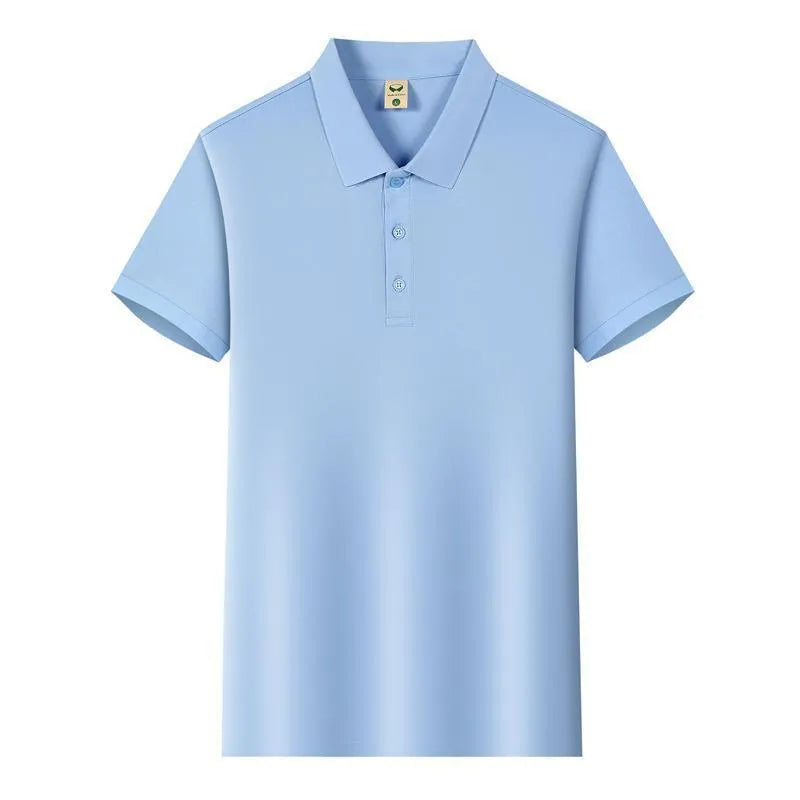 Ice Silk short sleeve lapel business shirt in multiple colours on a size chart background.