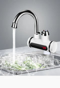 White electric instant water heater tap for kitchen sink with digital temperature display.