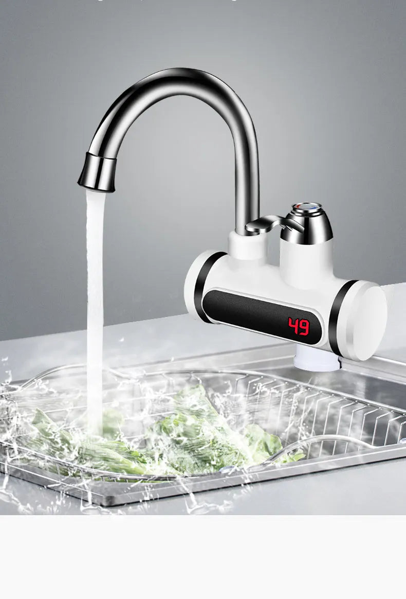 White electric instant water heater tap for kitchen sink with digital temperature display.