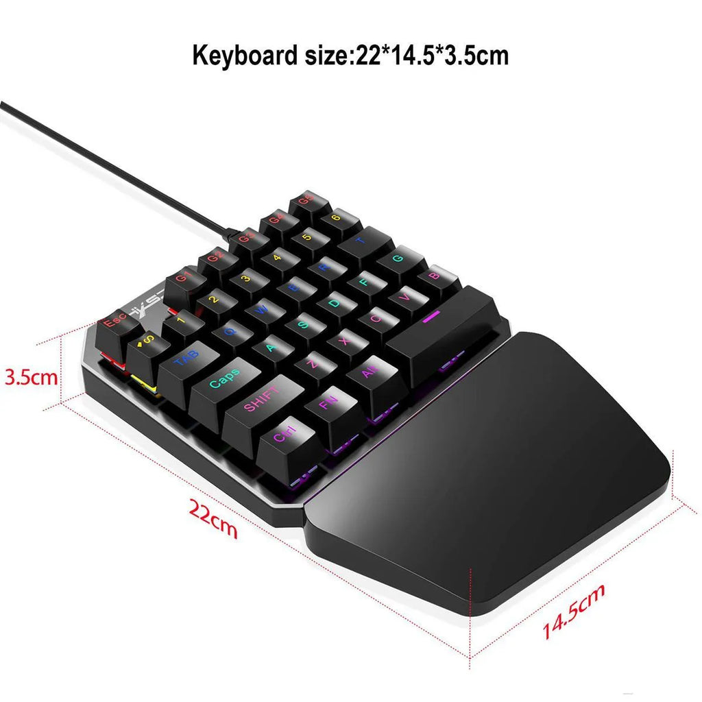 Mini one-handed mechanical gaming keyboard with 35 keys, seven-colour backlight, and wired USB connection