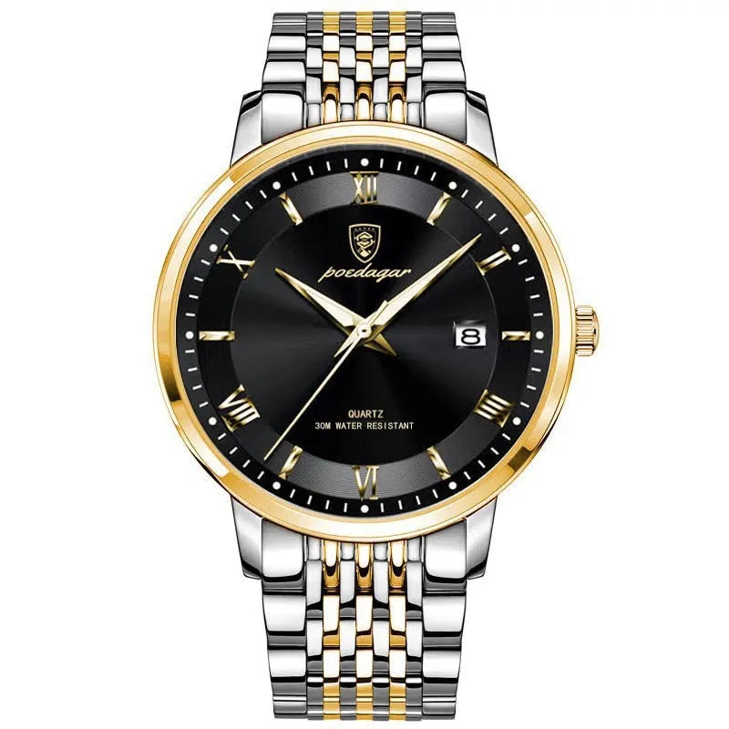 Men's quartz watch with waterproof luminous display and calendar, 41mm precision steel case, mineral reinforced mirror